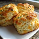 Three fluffy, golden-brown Chive Cheddar Biscuits stacked slightly on a white square plate.
