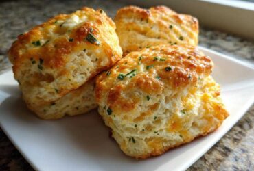 Three fluffy, golden-brown Chive Cheddar Biscuits stacked slightly on a white square plate.