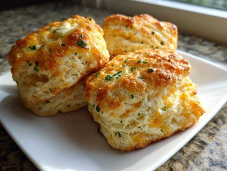 Three fluffy, golden-brown Chive Cheddar Biscuits stacked slightly on a white square plate.