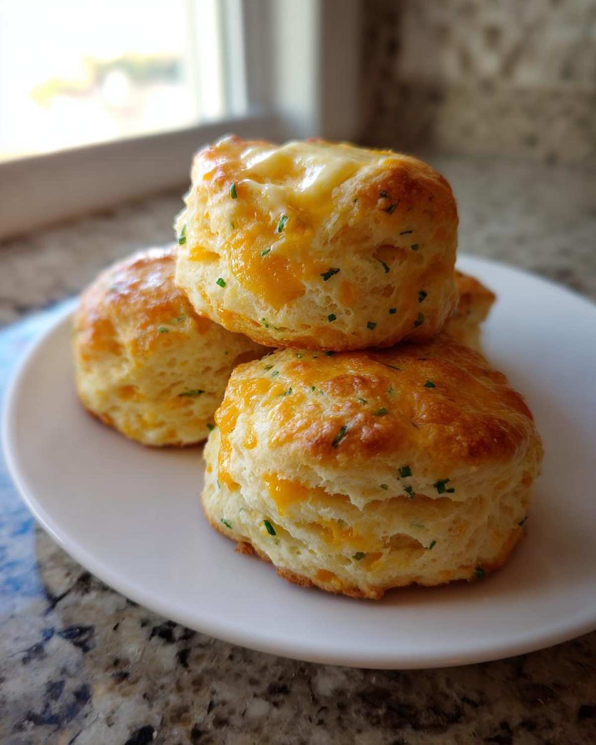 A stack of three golden, fluffy Chive Cheddar Biscuits topped with melted cheese and green chives, resting on a white plate.