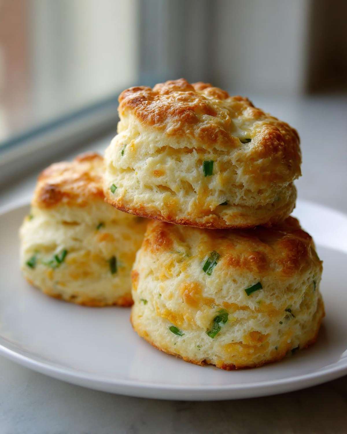 Three fluffy, golden-brown Chive Cheddar Biscuits stacked on a white plate.
