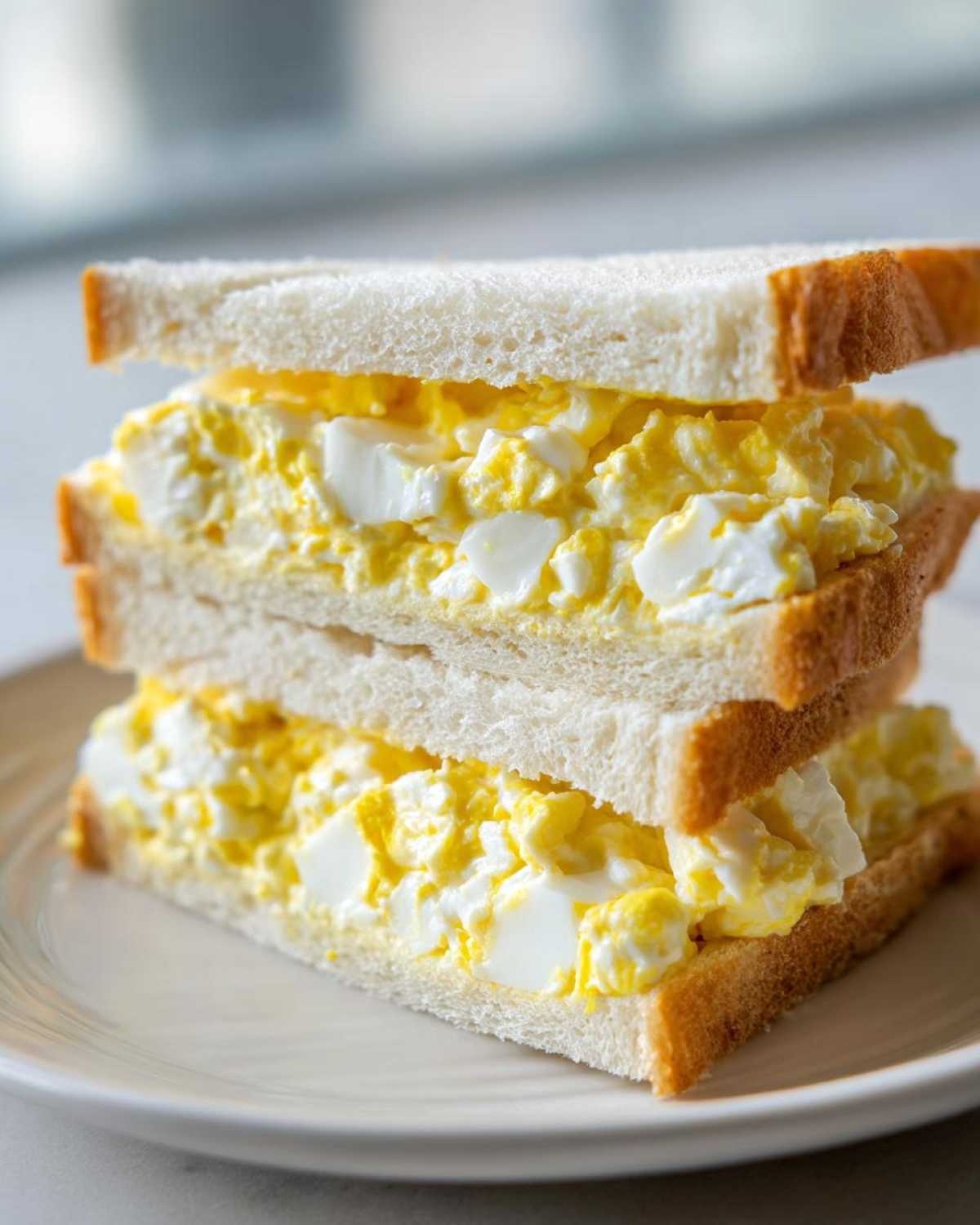 Two halves of a thick Tamago Sando Japanese Egg Sandwich stacked on a light plate, showing creamy egg salad filling.