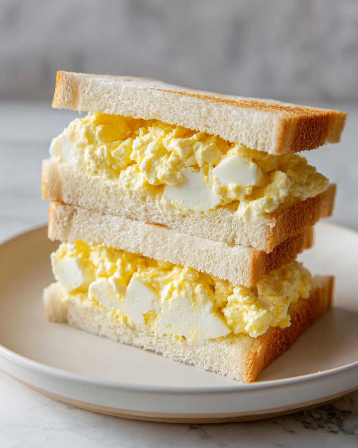 A tall stack of two halves of a Tamago Sando Japanese Egg Sandwich on white bread with creamy egg salad.