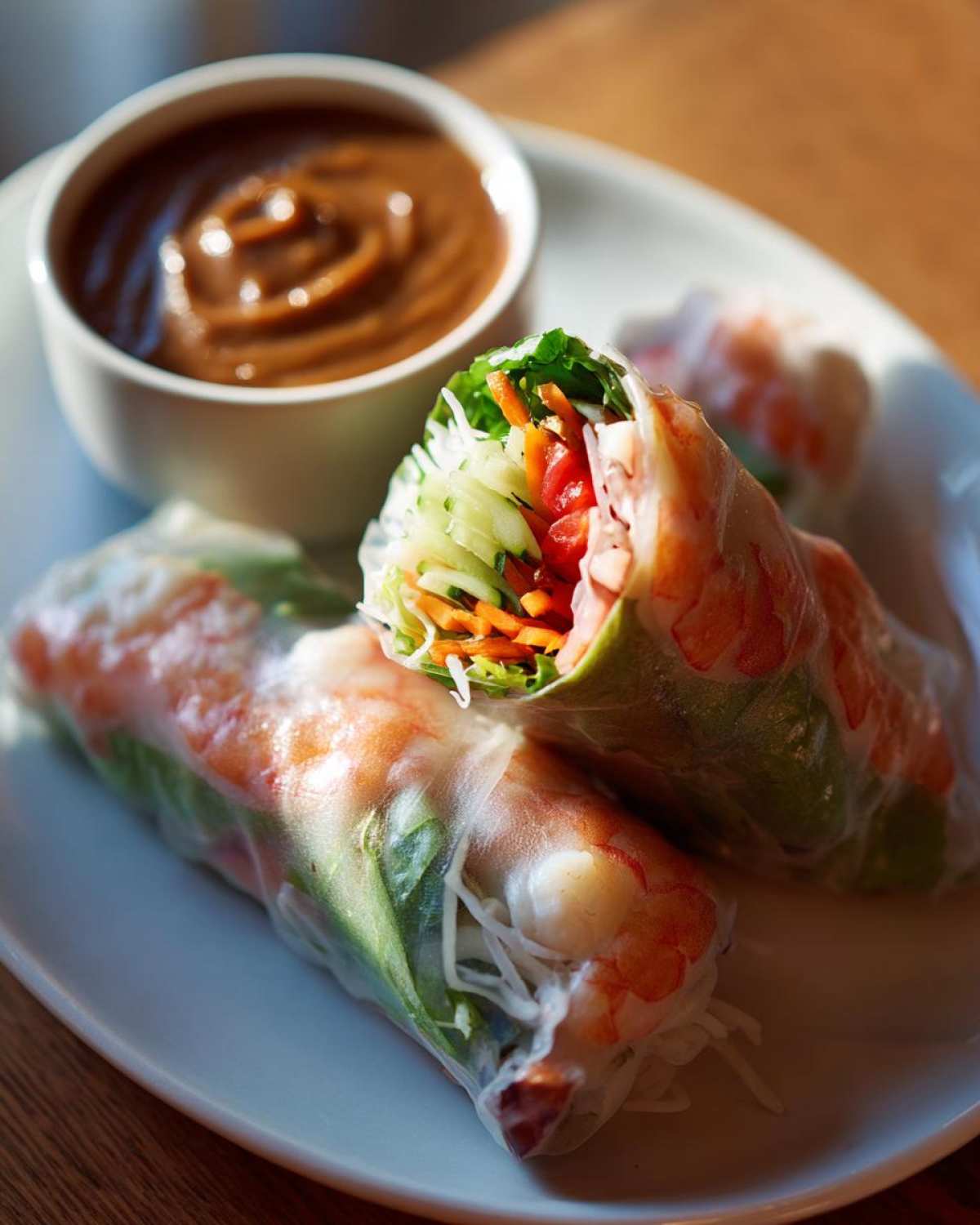 Three Fresh Spring Rolls with Peanut Sauce, showing shrimp, vegetables, and rice noodles wrapped in rice paper.