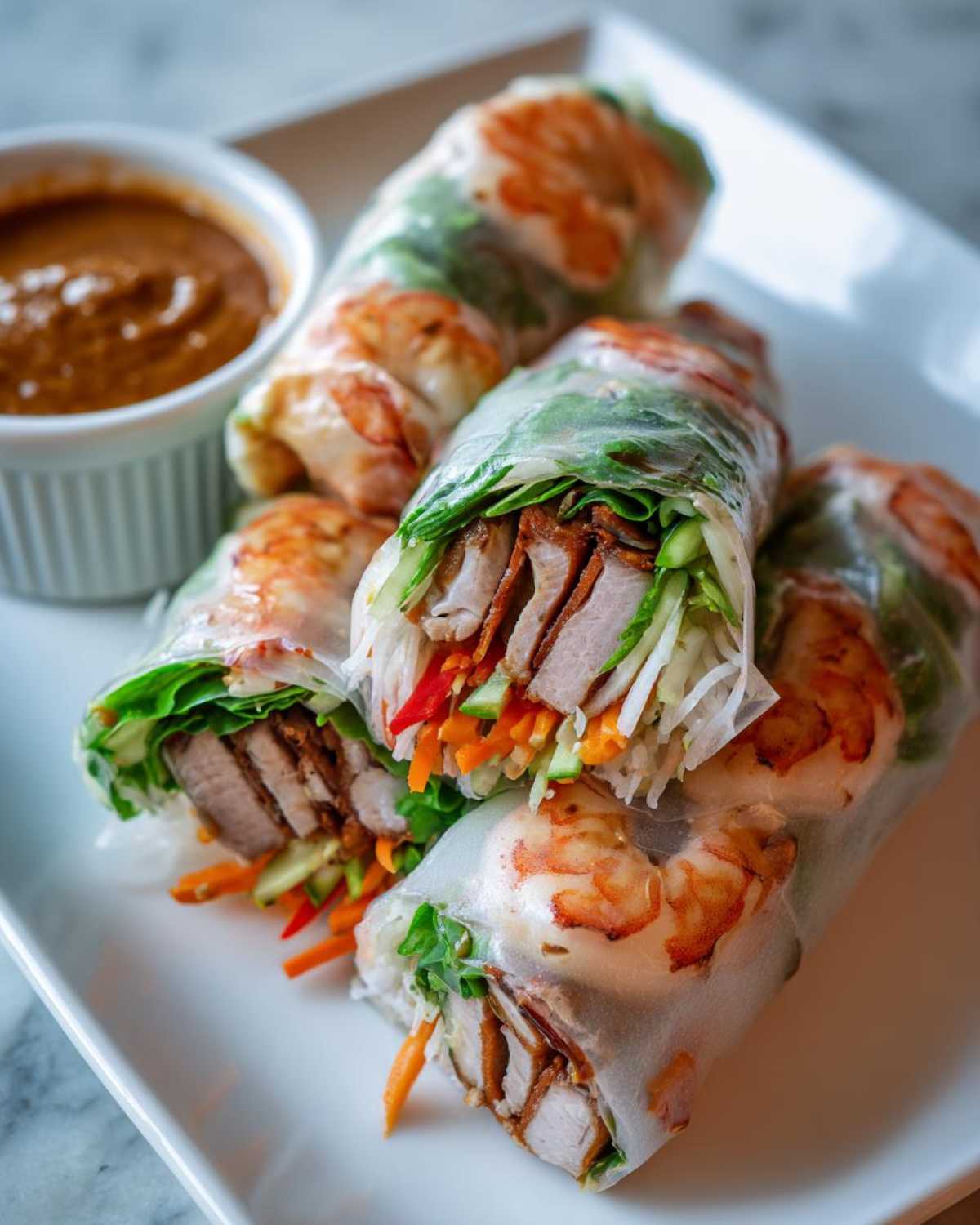 Close-up of four Fresh Spring Rolls with Peanut Sauce on a white plate, showing shrimp, pork, and fresh vegetables.
