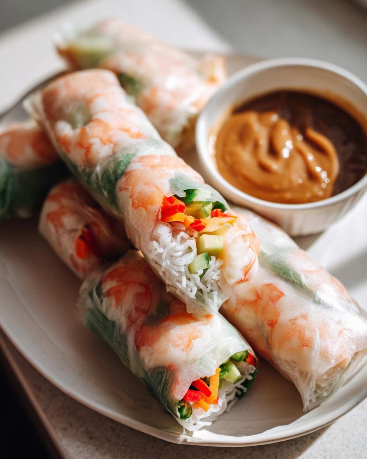 Close-up of several Fresh Spring Rolls with Peanut Sauce on a white plate, showing shrimp and colorful vegetables inside.