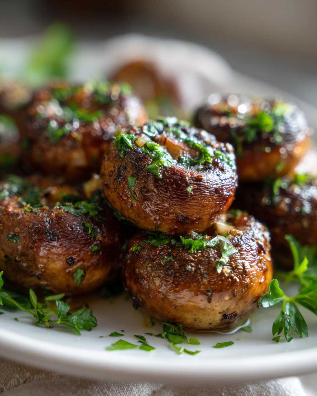 Close-up of glossy, sautéed Garlic Butter Mushrooms with Thyme, piled on a white plate.