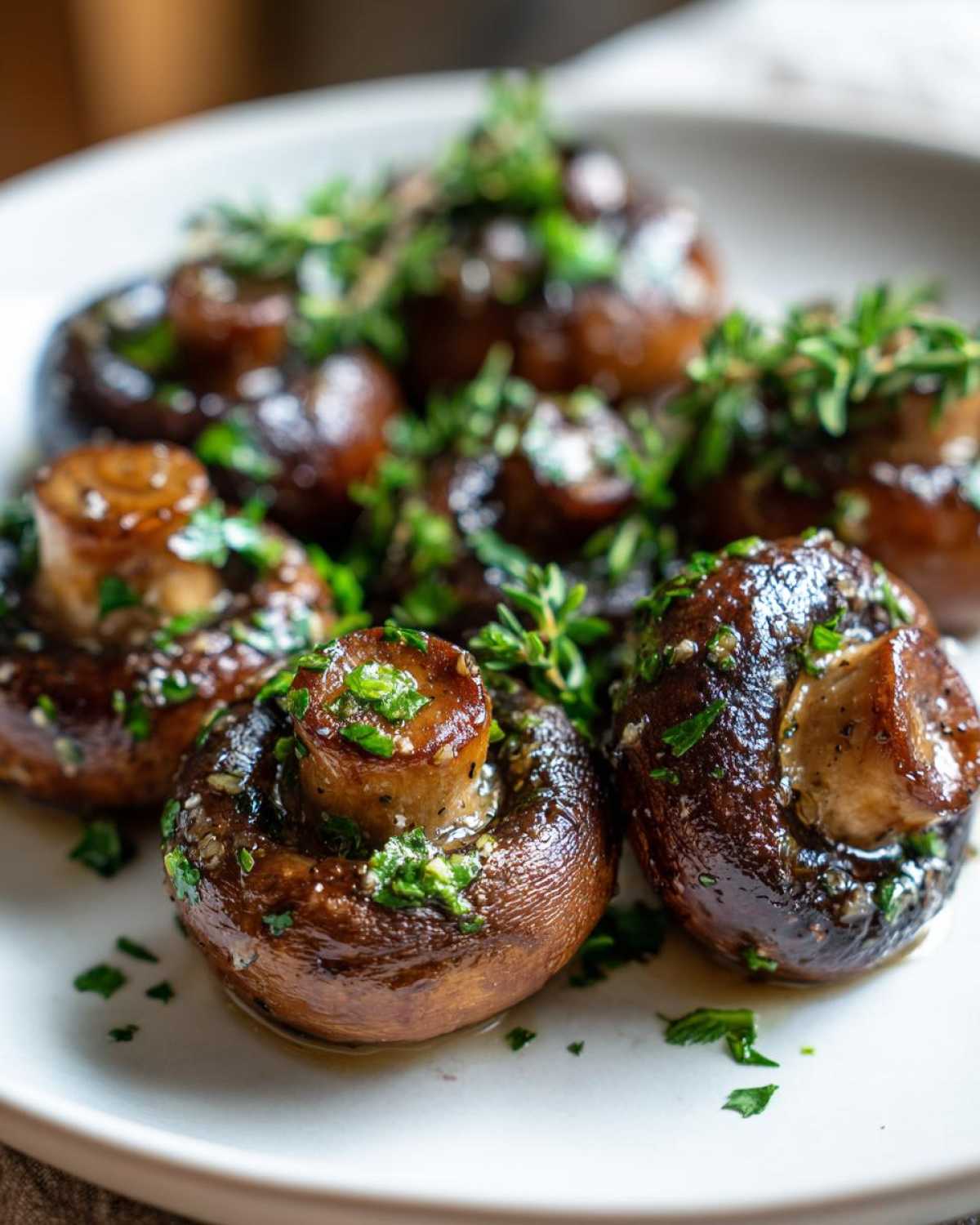 Close-up of glossy, sautéed Garlic Butter Mushrooms with Thyme and chopped parsley on a white plate.