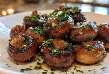 Close-up of glossy, sautéed Garlic Butter Mushrooms with Thyme and chopped parsley on a white plate.