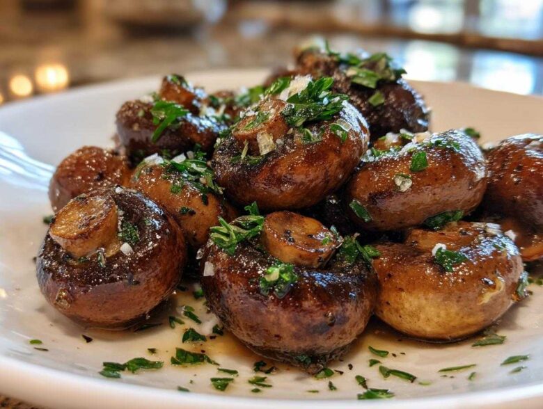 Close-up of glossy, sautéed Garlic Butter Mushrooms with Thyme and chopped parsley on a white plate.