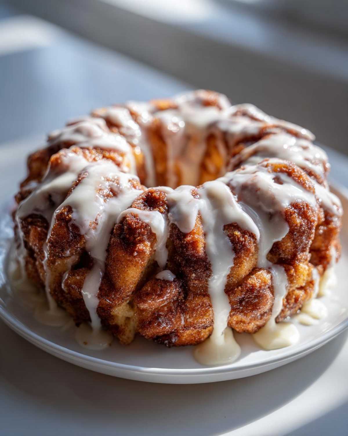 A freshly baked Cinnamon Roll Pull-Apart Bread drizzled heavily with white icing, served on a white plate.