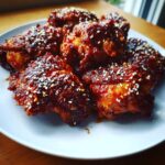 Close-up of sticky, glazed Gochujang Honey Chicken Thighs sprinkled generously with white sesame seeds on a white plate.