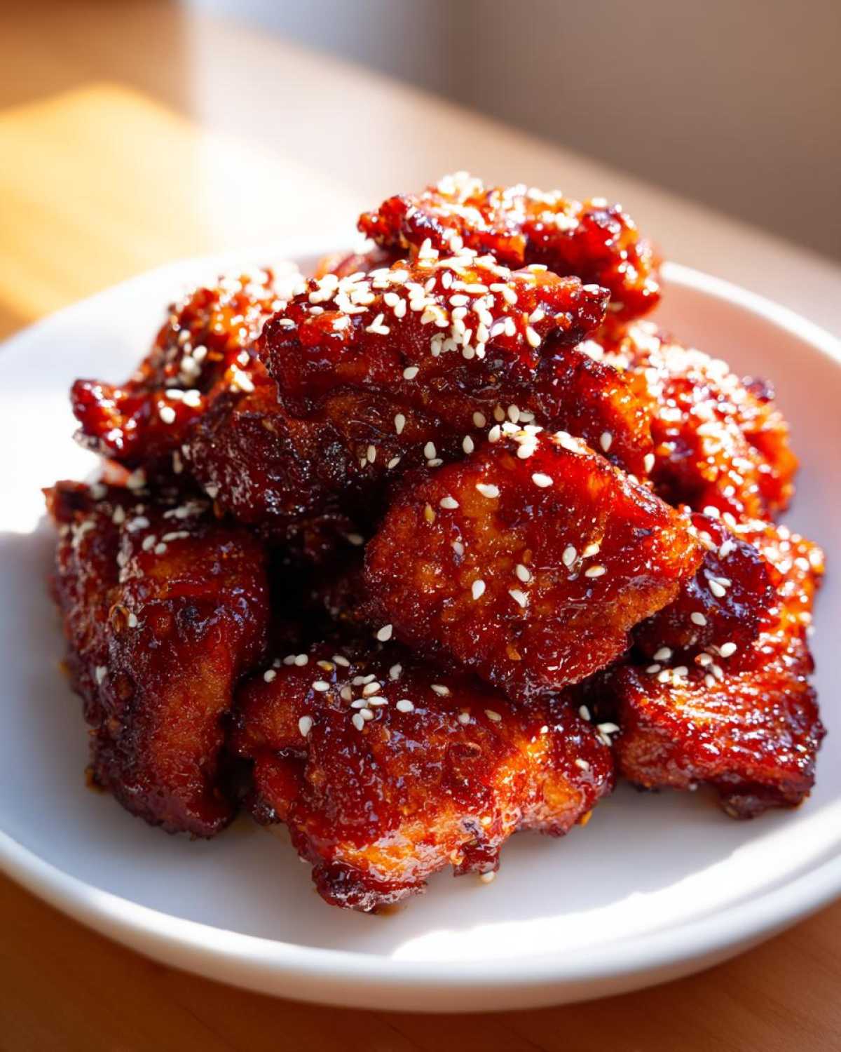 A pile of sticky, glazed Gochujang Honey Chicken Thighs sprinkled generously with white sesame seeds on a white plate.