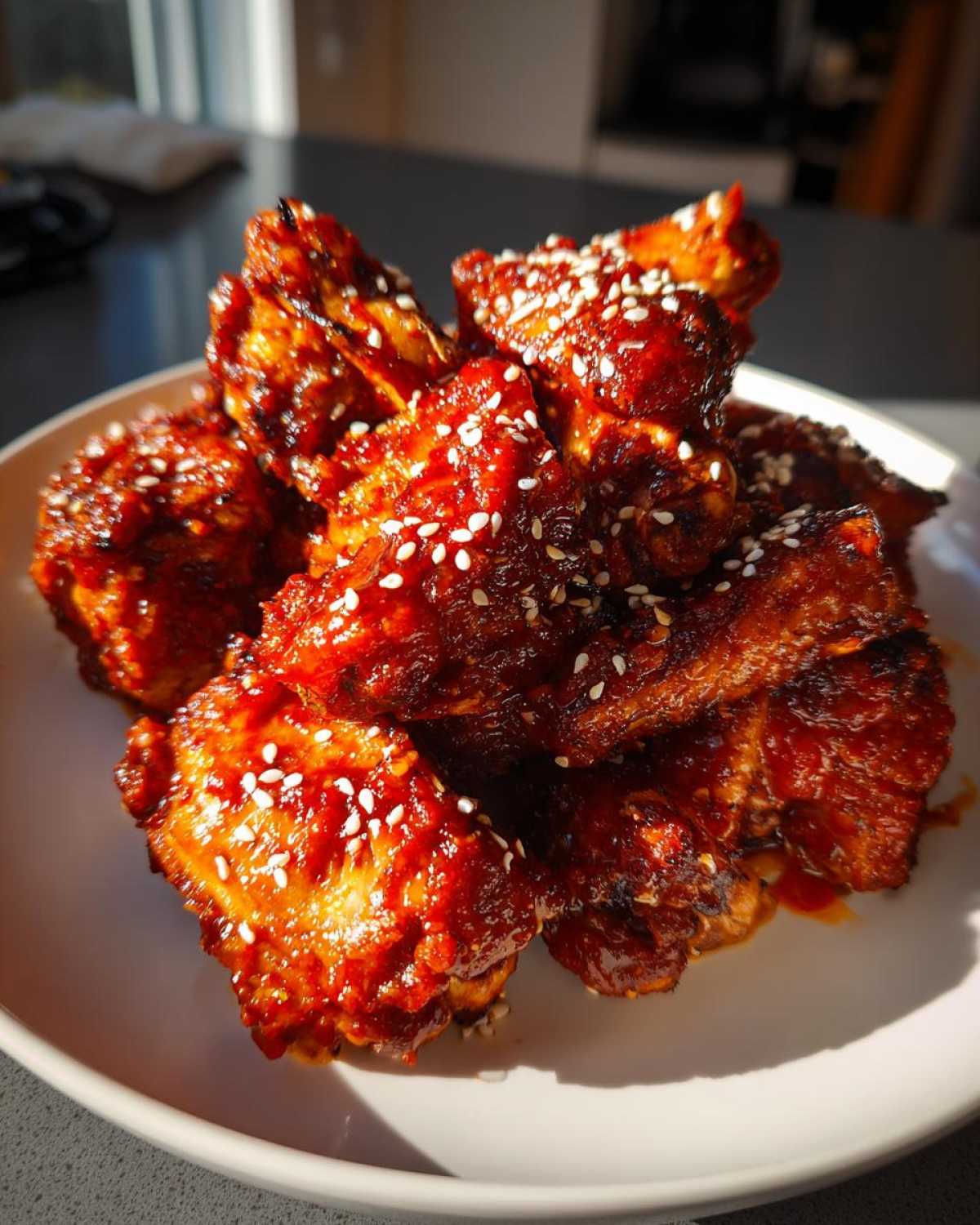 A pile of sticky, glazed Gochujang Honey Chicken Thighs sprinkled generously with white sesame seeds.