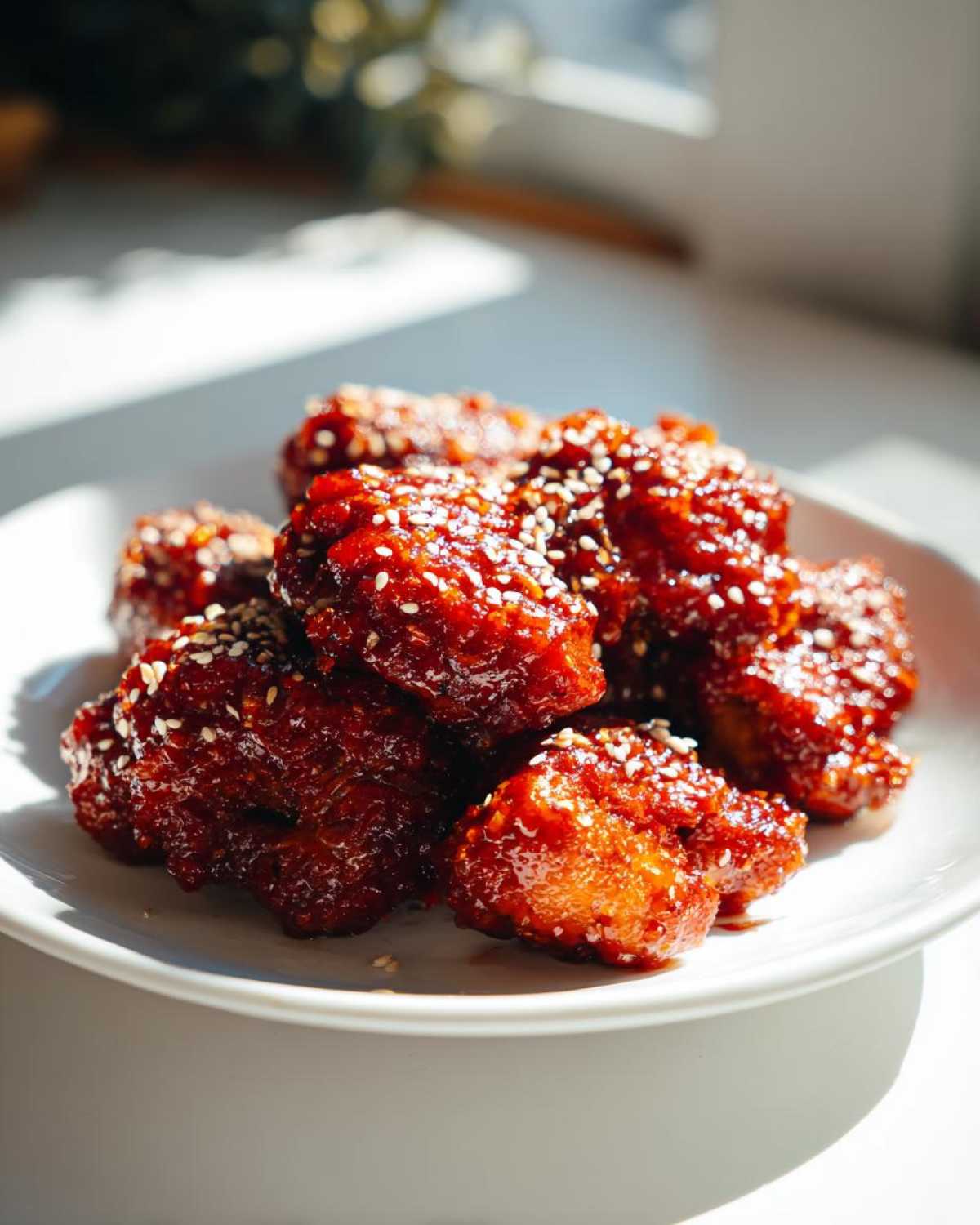 A pile of sticky, deep red Gochujang Honey Chicken Thighs sprinkled generously with white sesame seeds on a white plate.