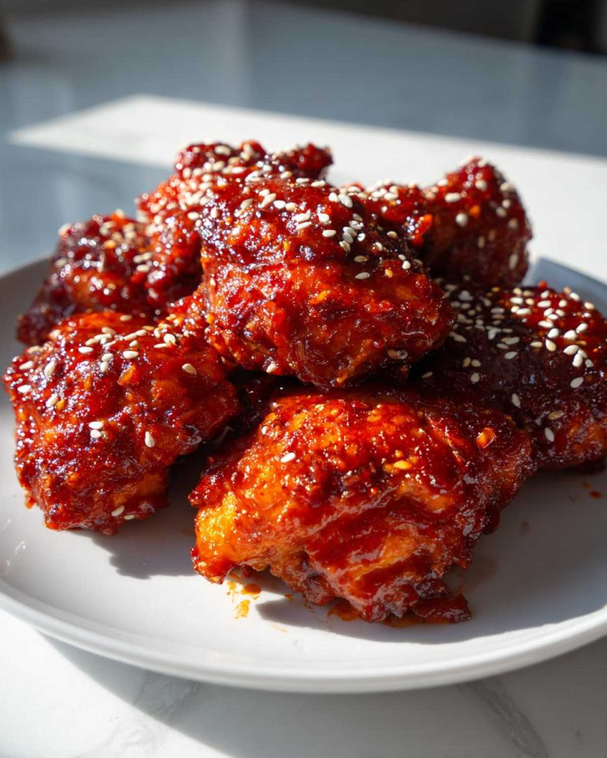 Close-up of crispy Gochujang Honey Chicken Thighs coated in a thick, glossy red sauce and sprinkled with white sesame seeds.