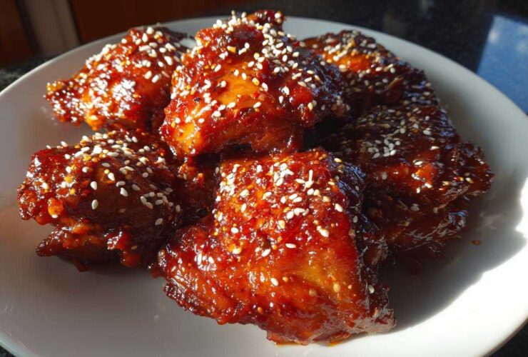 A plate piled high with sticky, glazed Gochujang Honey Chicken Thighs, sprinkled generously with white sesame seeds.