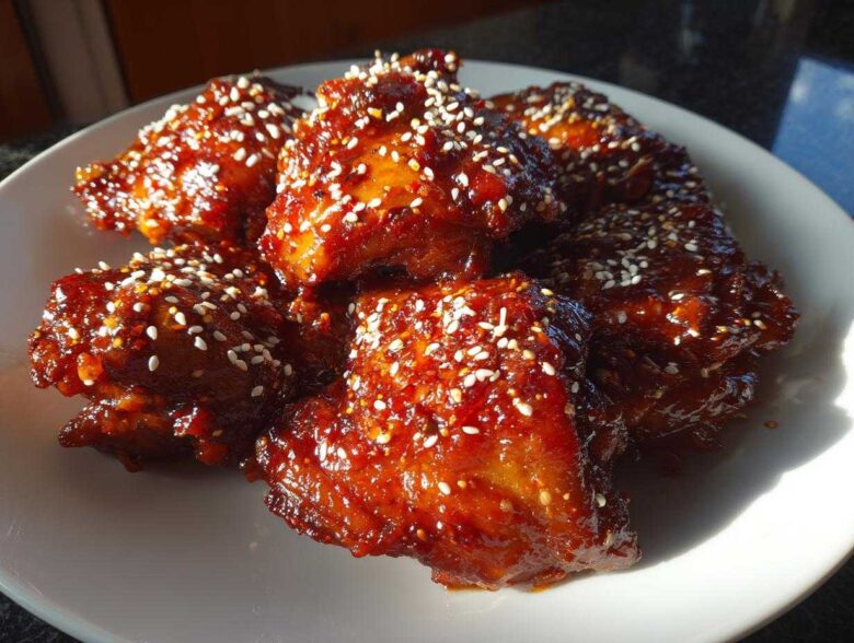 A plate piled high with sticky, glazed Gochujang Honey Chicken Thighs, sprinkled generously with white sesame seeds.