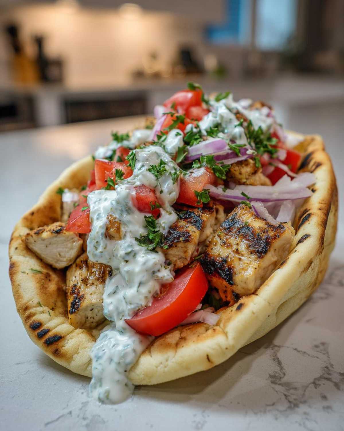 A close-up of a fully loaded Greek Chicken Souvlaki Pita topped with grilled chicken, tomatoes, red onion, and creamy tzatziki sauce.