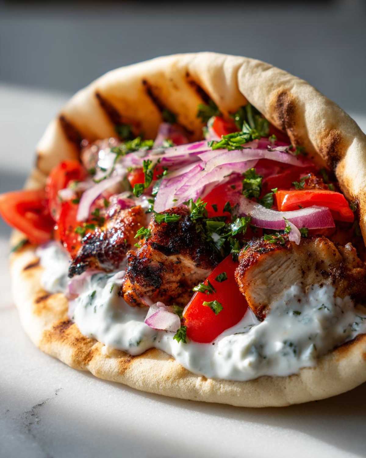 A close-up view of a grilled Greek Chicken Souvlaki Pitas stuffed with seasoned chicken, tzatziki sauce, tomatoes, and red onion.