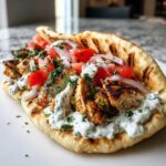 A delicious Greek Chicken Souvlaki Pitas served open-faced on a grilled pita bread, topped with seasoned chicken, tomatoes, onions, and tzatziki sauce.