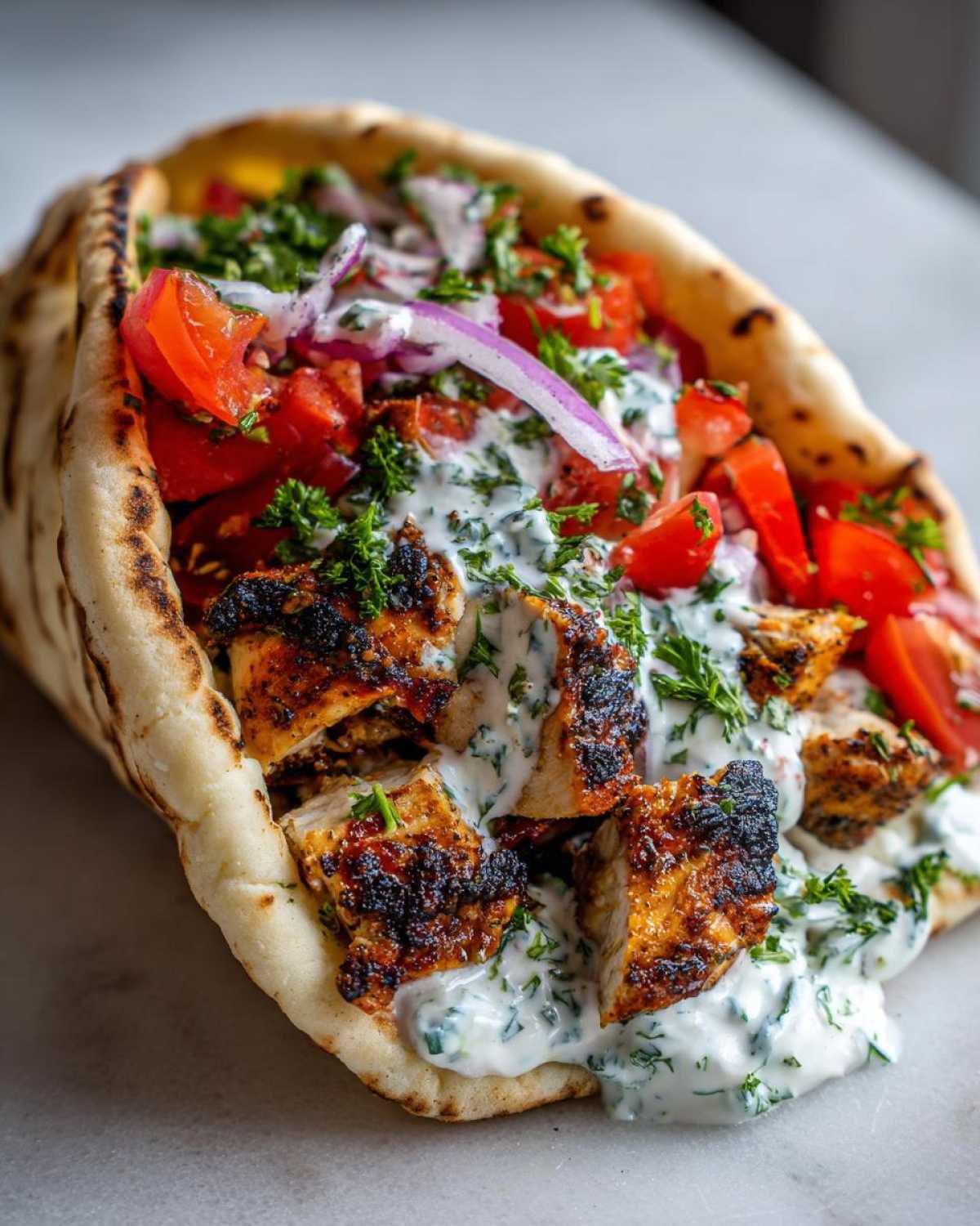 A close-up shot of a fully loaded Greek Chicken Souvlaki Pitas, featuring charred chicken, tzatziki sauce, tomatoes, and red onion.
