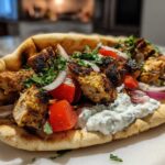 A close-up of a fully loaded Greek Chicken Souvlaki Pitas featuring grilled chicken, tzatziki, tomatoes, and red onion on pita bread.