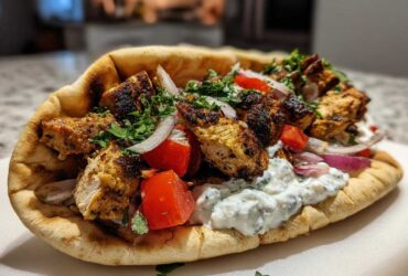A close-up of a fully loaded Greek Chicken Souvlaki Pitas featuring grilled chicken, tzatziki, tomatoes, and red onion on pita bread.