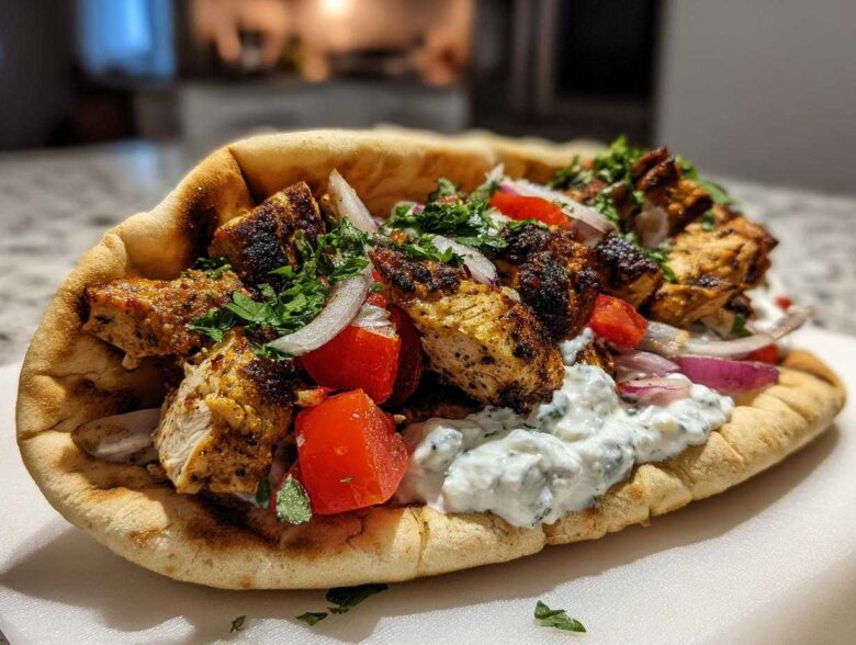A close-up of a fully loaded Greek Chicken Souvlaki Pitas featuring grilled chicken, tzatziki, tomatoes, and red onion on pita bread.