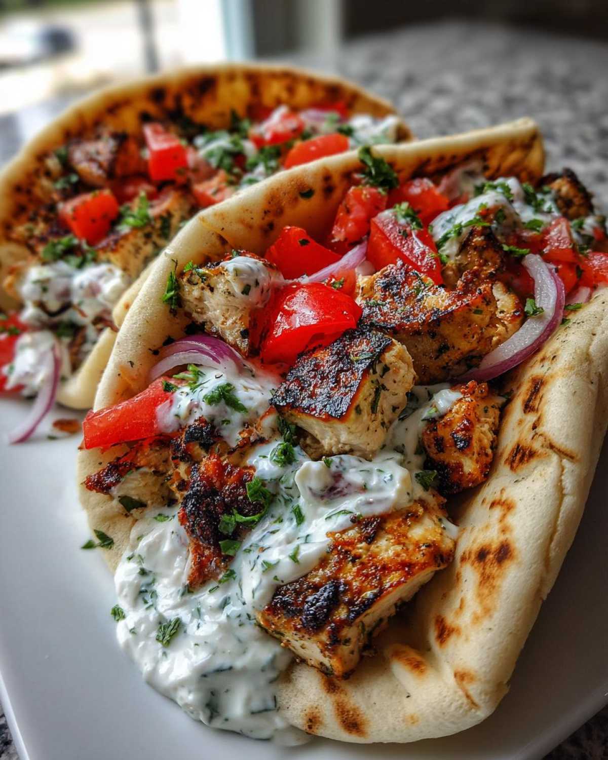 Two servings of Greek Chicken Souvlaki Pitas stuffed with grilled chicken, tomatoes, red onion, and tzatziki sauce.
