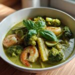 A close-up of vibrant Green Curry Shrimp with Coconut Milk, featuring pink shrimp, broccoli, and fresh basil garnish.