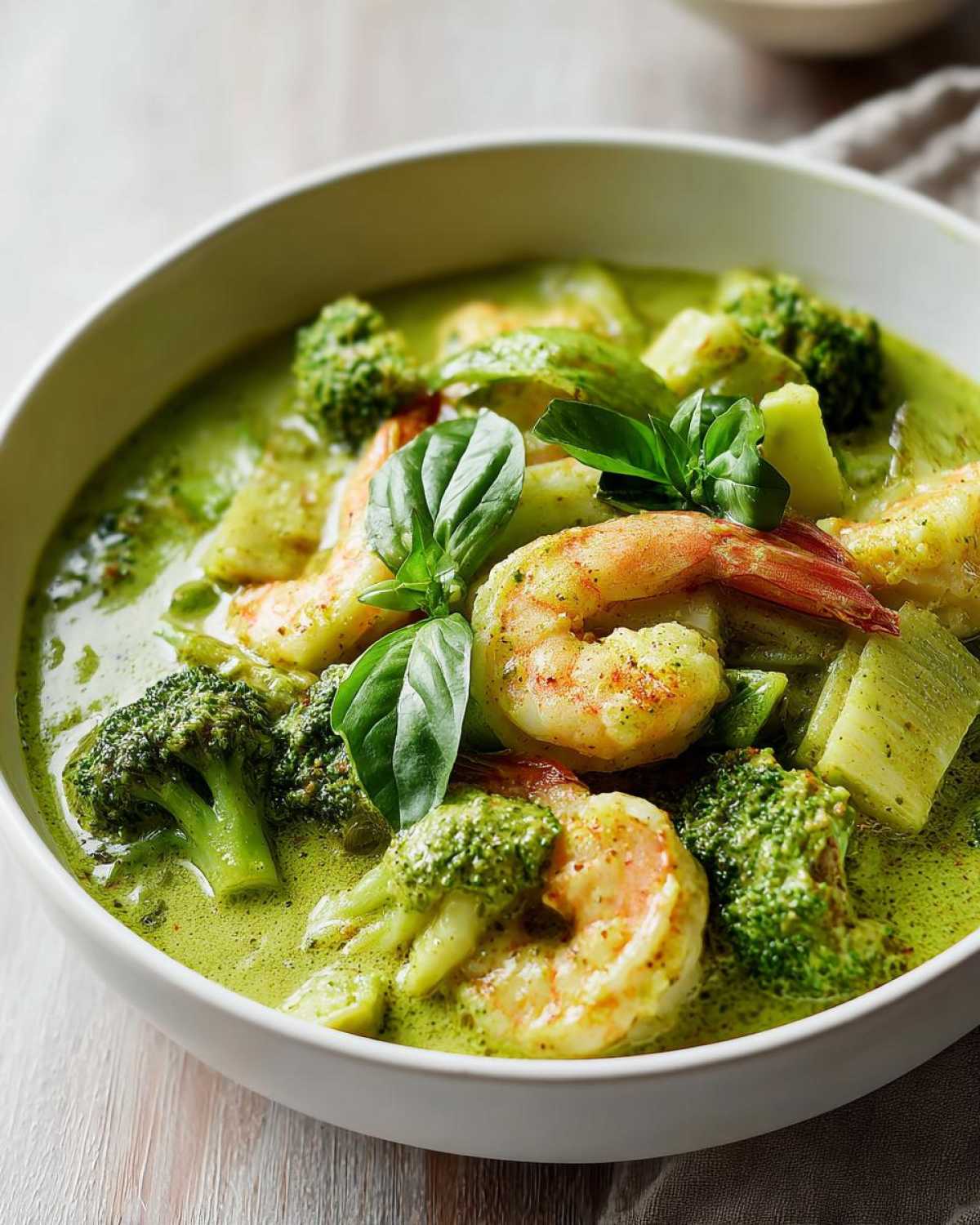 Close-up of vibrant Green Curry Shrimp with Coconut Milk, featuring plump shrimp, broccoli florets, and fresh basil garnish.
