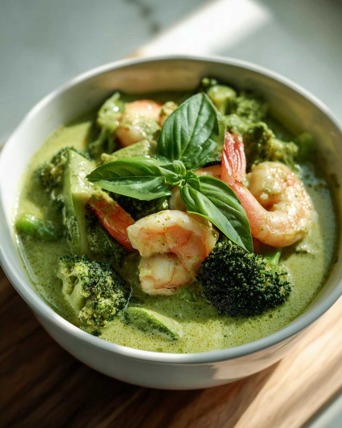 A vibrant bowl of Green Curry Shrimp with Coconut Milk, featuring plump shrimp and broccoli florets, garnished with fresh basil.