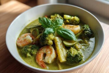 A close-up of vibrant Green Curry Shrimp with Coconut Milk, featuring pink shrimp, broccoli, and fresh basil garnish.