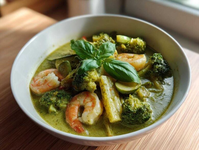 A close-up of vibrant Green Curry Shrimp with Coconut Milk, featuring pink shrimp, broccoli, and fresh basil garnish.