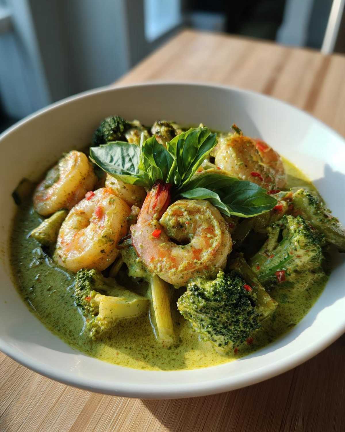 A bowl of vibrant Green Curry Shrimp with Coconut Milk, featuring large shrimp and bright green broccoli florets, garnished with basil.