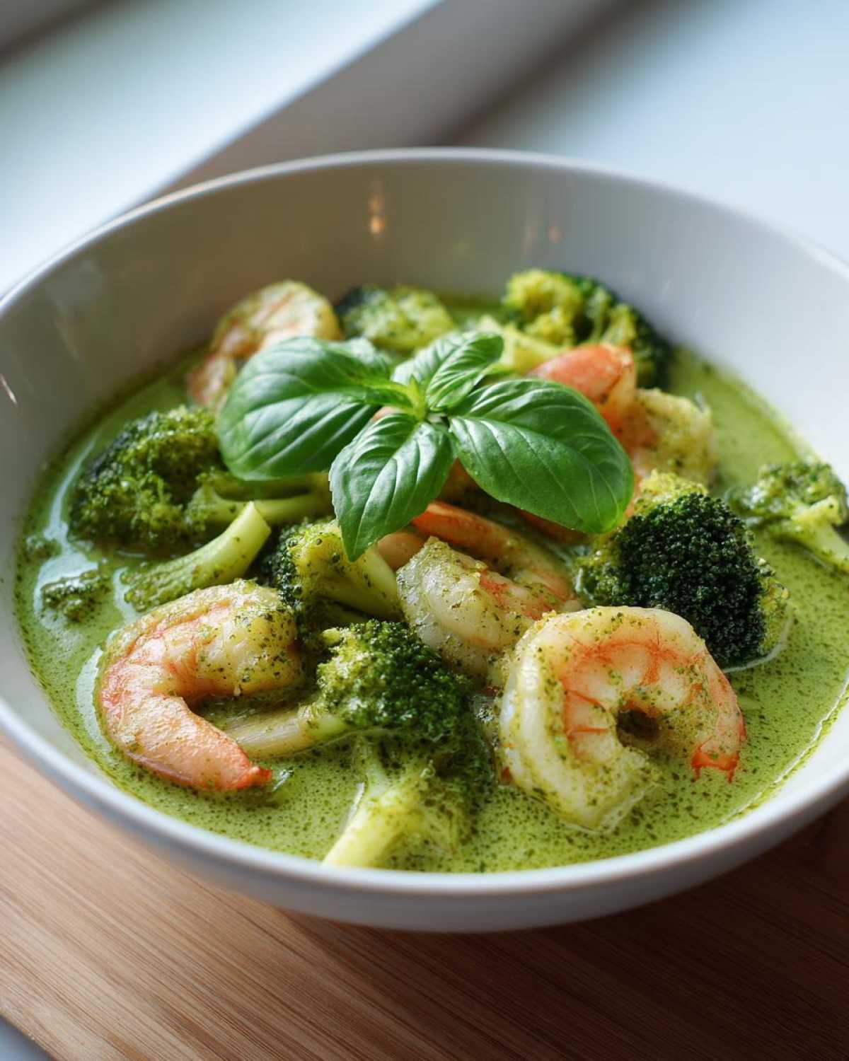 A bowl of vibrant Green Curry Shrimp with Coconut Milk, featuring plump shrimp and bright green broccoli florets, garnished with basil.