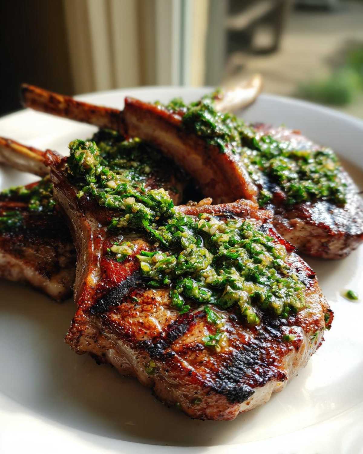 Close-up of perfectly grilled lamb chops topped generously with vibrant green mint gremolata.