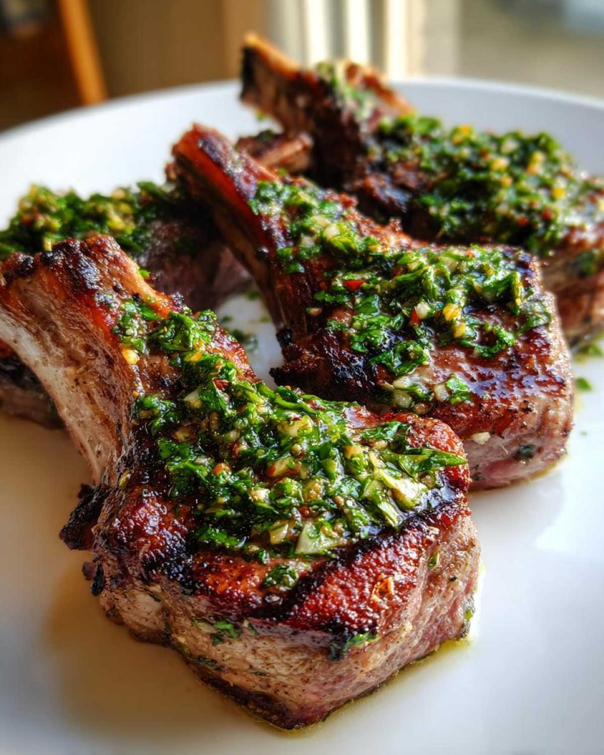 Close-up of perfectly seared Grilled Lamb Chops with Mint Gremolata topping on a white plate.