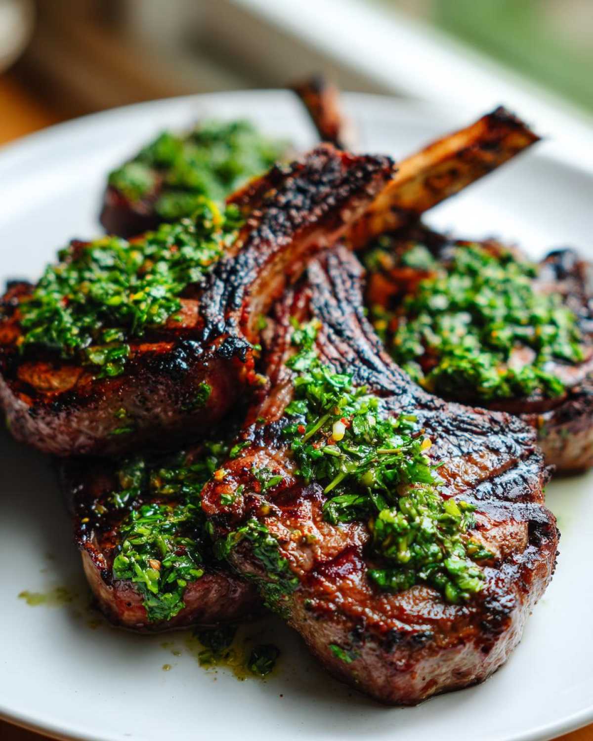 Close-up of perfectly grilled lamb chops topped generously with bright green mint gremolata.