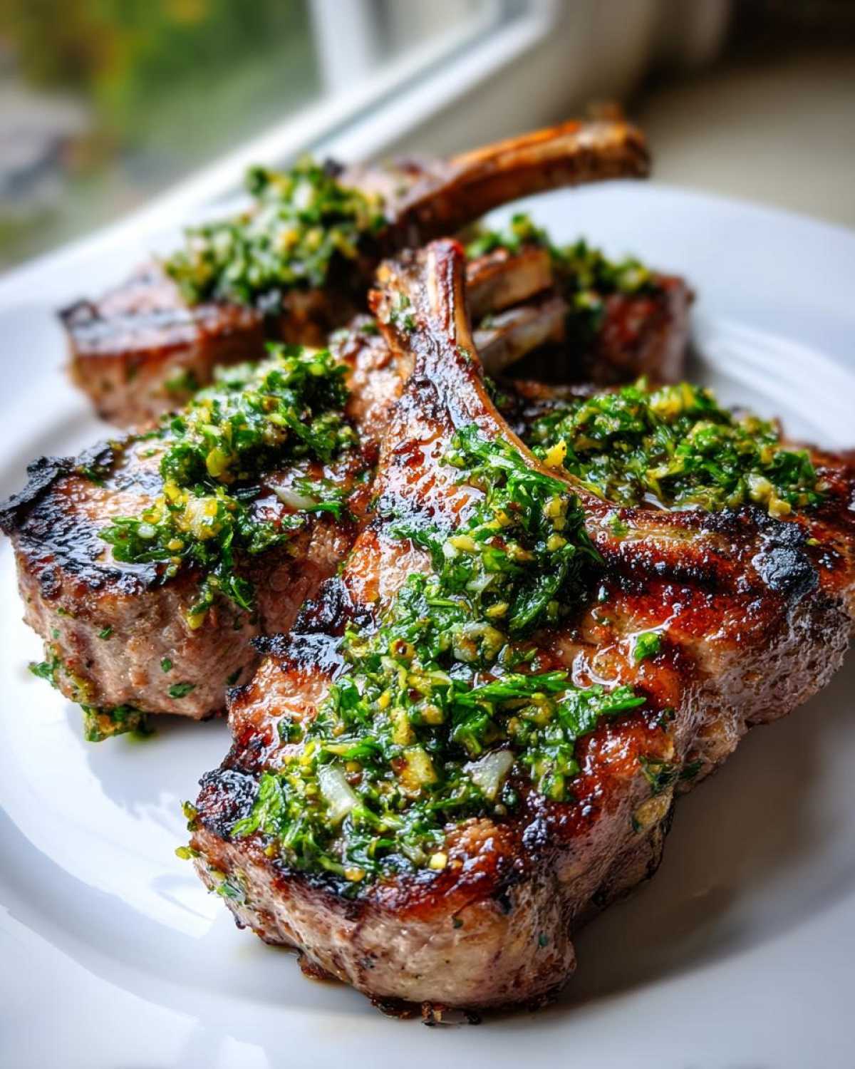 Close-up of perfectly grilled lamb chops topped generously with bright green mint gremolata.
