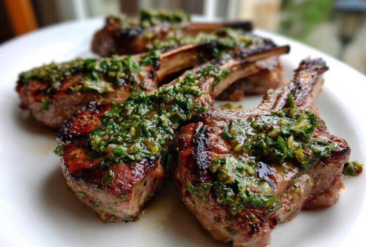 Close-up of perfectly grilled lamb chops topped generously with bright green mint gremolata sauce.