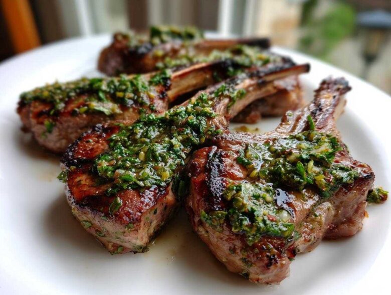 Close-up of perfectly grilled lamb chops topped generously with bright green mint gremolata sauce.