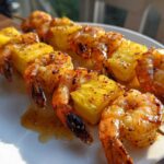 Two skewers of perfectly grilled pineapple shrimp skewers, glistening with glaze, resting on a white plate.