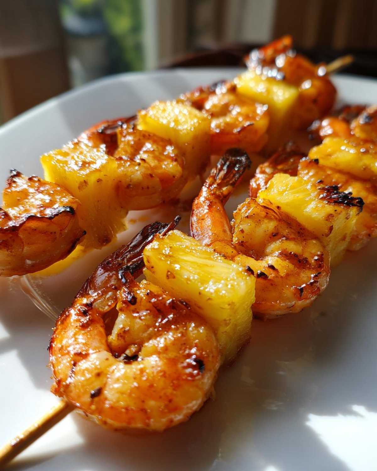 Close-up of perfectly caramelized Grilled Pineapple Shrimp Skewers resting on a white plate, glistening in the sunlight.