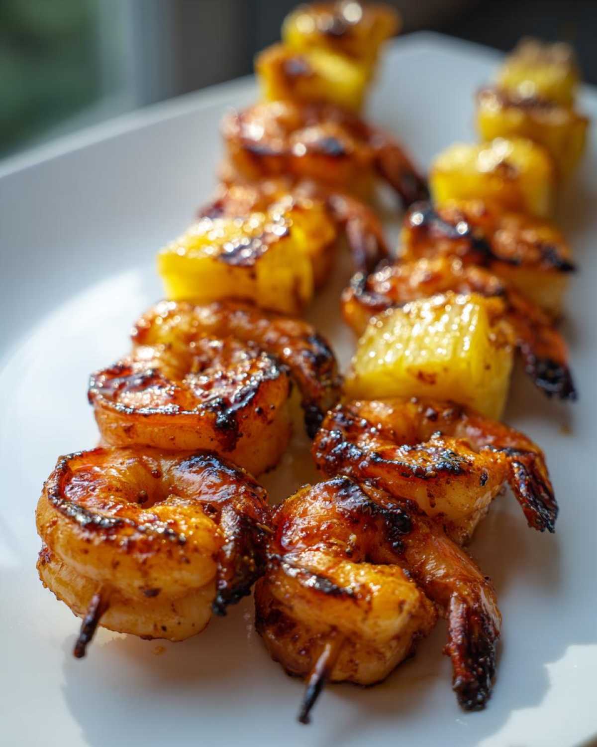 Close-up of perfectly grilled pineapple shrimp skewers with a caramelized glaze on a white plate.