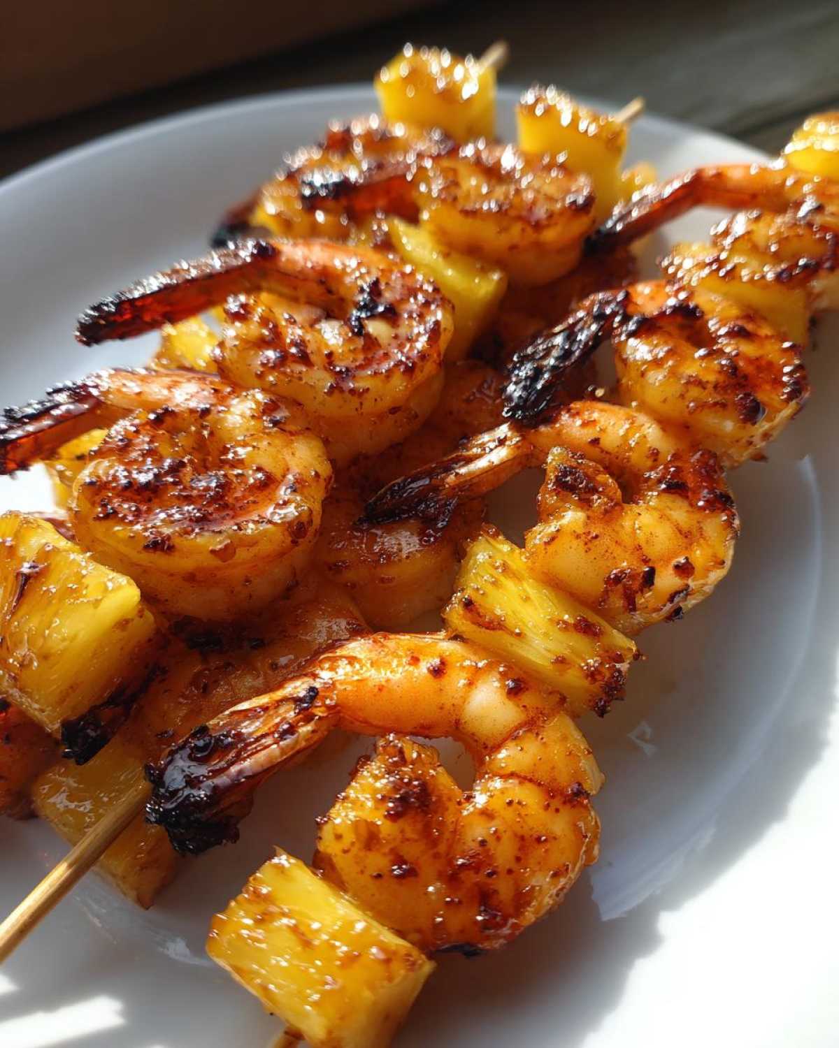 Close-up of beautifully caramelized Grilled Pineapple Shrimp Skewers resting on a white plate in bright sunlight.
