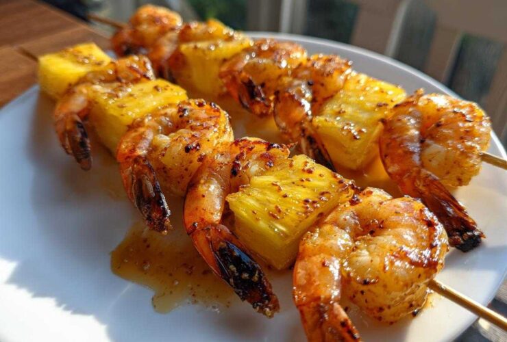 Two skewers of perfectly grilled pineapple shrimp skewers, glistening with glaze, resting on a white plate.