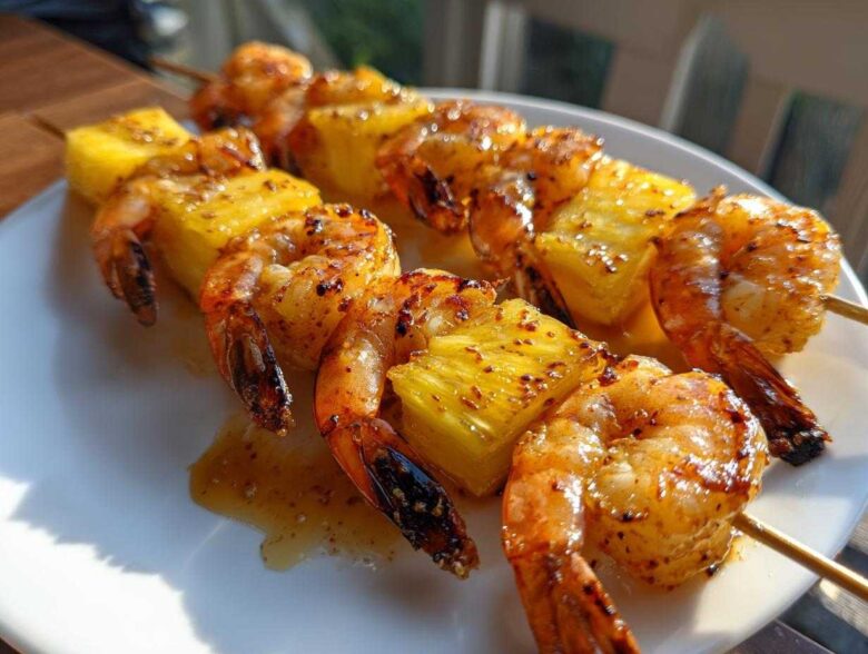 Two skewers of perfectly grilled pineapple shrimp skewers, glistening with glaze, resting on a white plate.