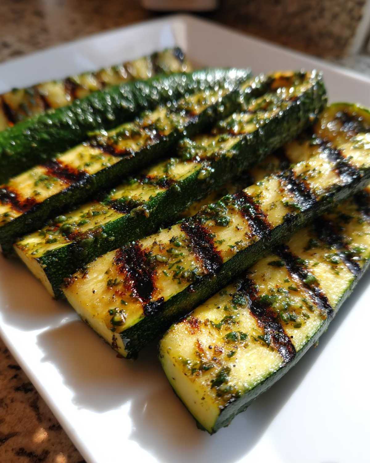 Close-up of perfectly grilled zucchini spears coated in lemon herb marinade, showing distinct grill marks.